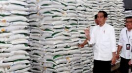 {Presiden Jokowi saat meninjau Gudang Bulog Rawang Timur, Kota Padang, Sumatera Barat. (Dok. Presidenri.go.id).