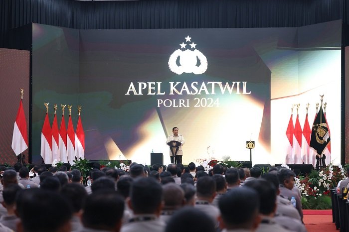 Presiden Prabowo Subianto saat memberikan sambutan pada Apel Kasatwil 2024 di Akademi Kepolisian, Semarang. (Dok. Tim Media Prabowo)